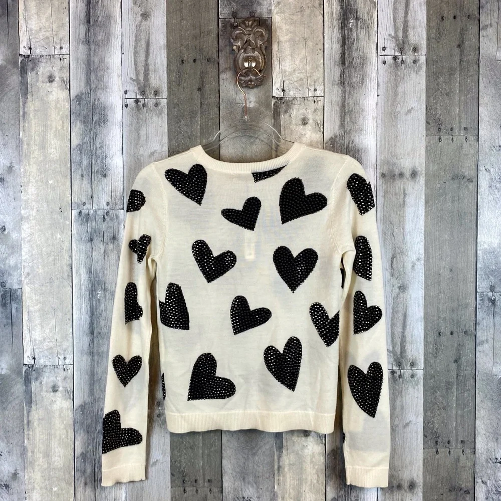 NWT Alice + Olivia Reinstone Hearts Wool Crewneck Sweater in Cream Black Size XS